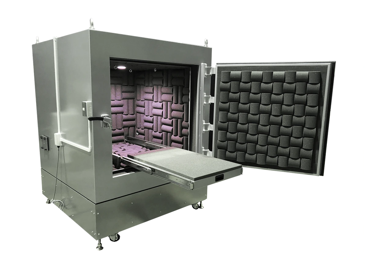 Open Door Anechoic Test Box showing sliding table